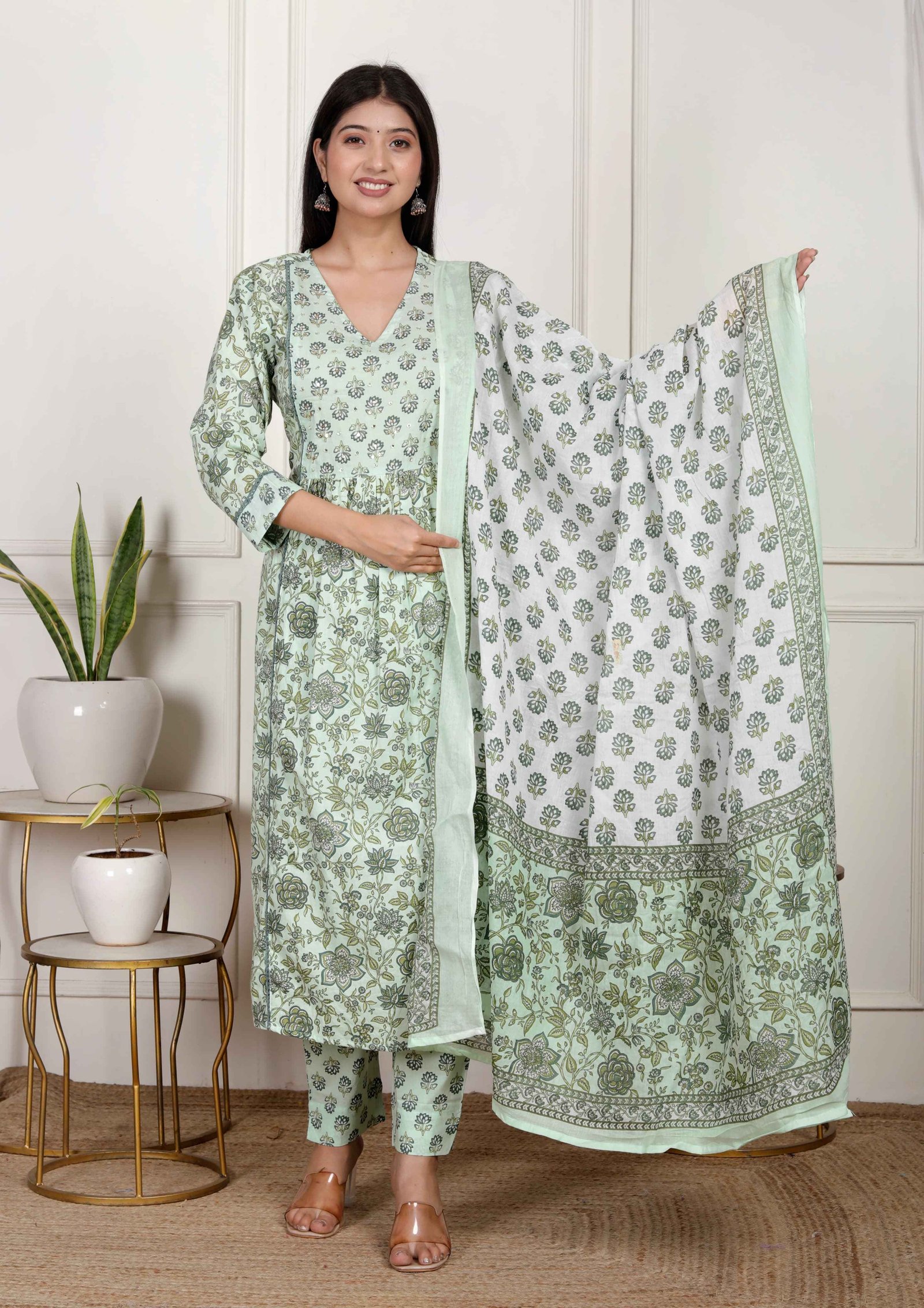 Pista Green  Floral printed kurta set